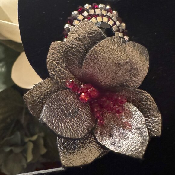 Farah Abu Statement Floral Earrings with Leather Petals and Bead Accents - Picture 3 of 4